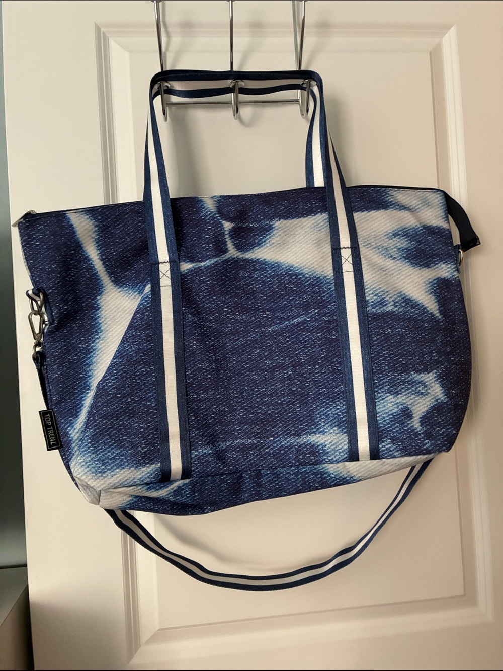 NWT Blue Tie-Dye Denim Canvas Tote with Striped Handles